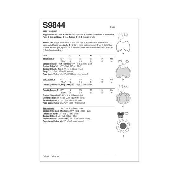 Simplicity Pattern 9844 Baby Halloween Costumes Bat Dino Pumpkin Bee Size XS - L - Picture 2 of 7
